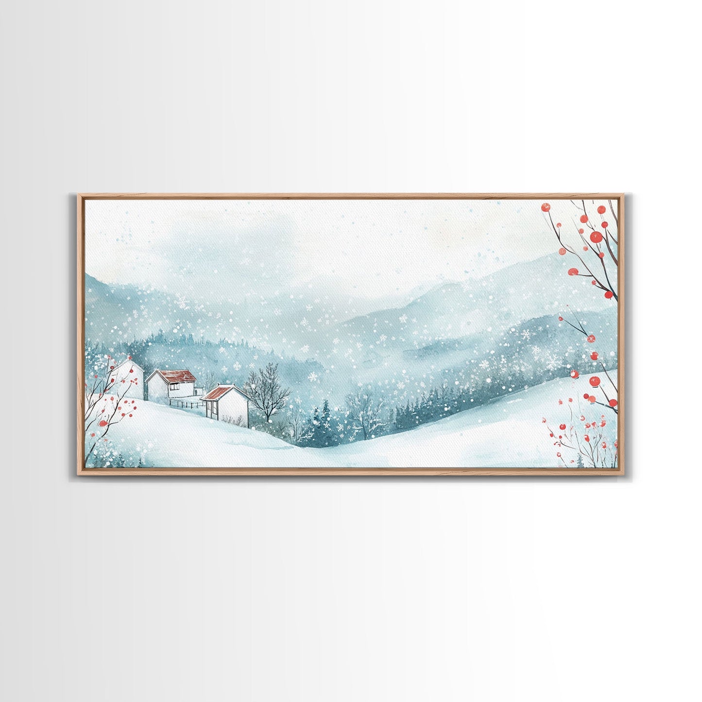 Winter mountain village art, snow-covered landscape, holiday wall art, winter wall decor, cozy winter home decor, framed canvas print