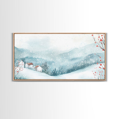Winter mountain village art, snow-covered landscape, holiday wall art, winter wall decor, cozy winter home decor, framed canvas print