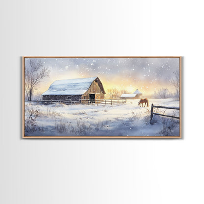Rustic Barn in Winter Wonderland, Framed Canvas Print, Farmhouse Christmas Art, Christmas Wall Decor, Holiday Seasonal Wall Art, Gift Idea