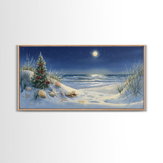 Christmas Tree on Snowy Beach with Full Moon, Framed Canvas Print, Coastal Christmas Art, Nautical Holiday Decor, Winter Wonderland, Beach