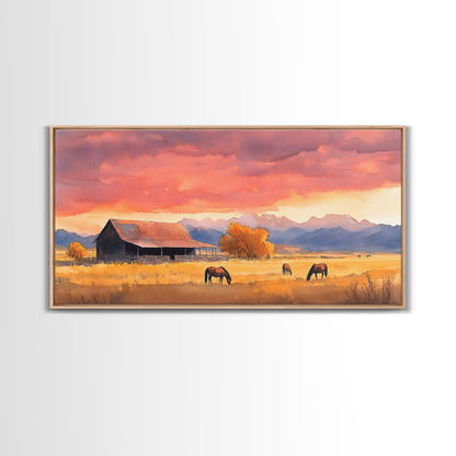 Rustic Mountain Barn Sunset Canvas Print | Autumn Farmhouse Wall Art | Fall Home Decor | Holiday Art Gift | Framed Canvas Print Wall Decor