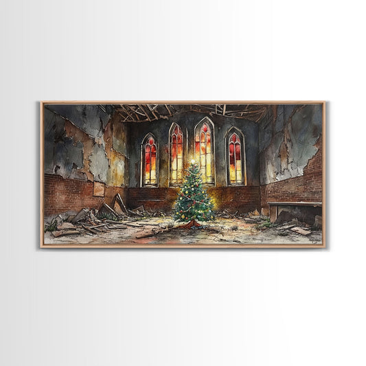 Christmas tree in abandoned church art, framed canvas print, rustic Christmas decor, winter decor, vintage Christmas scene art for home