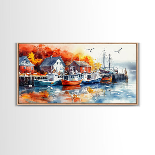 Colorful boats harbor framed canvas print, rustic autumn coastal decor, fall home decor, vintage nautical art gift idea, seasonal wall art