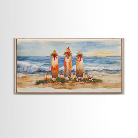 Coastal Christmas Surfboard Scene, Beach Christmas Decor, Framed Canvas Print, Watercolor Wall Art, Tropical Holiday Decor, Best Gift Idea