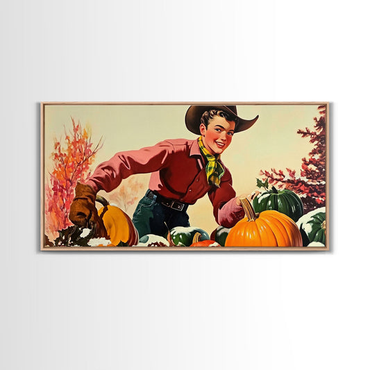 Autumn Cowboy with Pumpkins Framed Canvas Print, Vintage Fall Decor, Gift Idea, Farmhouse Wall Art, Rustic Pumpkin Patch, Holiday Home Decor