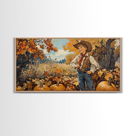 Vintage Fall Cowboy Framed Canvas Print, Retro Autumn Wall Art, Farmhouse Pumpkin Patch, Gift Idea, Harvest Home Decor, Rustic Art Piece