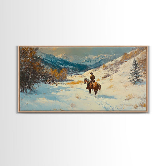 Cowgirl with yellow scarf in fall forest, Framed Canvas Print, tall dramatic black white wall art with a pop of color, moody autumn decor