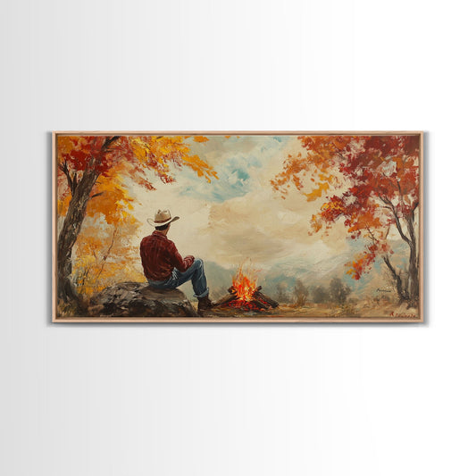 Cheerful Framed Canvas Print of a woman in a cowboy hat enjoying a coffee by fall colors, perfect vintage autumn wall art decor