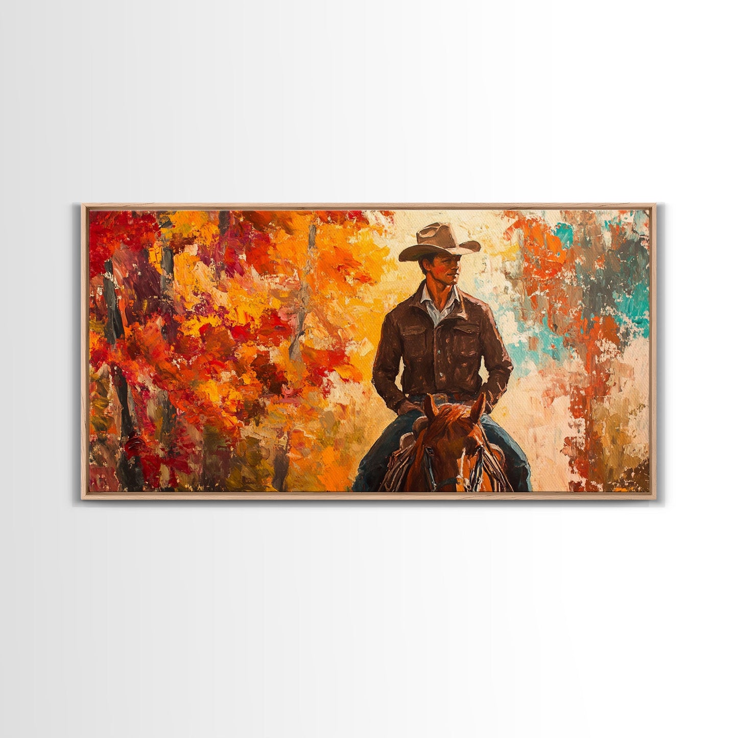 Cowboy Riding Through The Autumn Trees, Framed Canvas Print, Rustic Farmhouse Wall Art, Boho Style Seasonal Watercolor Painting