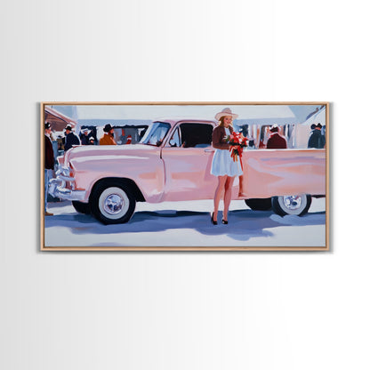 Cute Cowgirl and Her Pink Truck, Framed Canvas Print, Retro Pink Fall Decor, Wall Art Fall Home Decor, Ideal Gift Idea Rustic Seasonal Decor