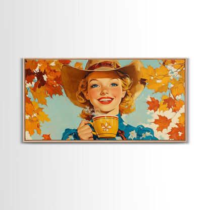 Happy Cowgirl Enjoying Hot Cocoa, Framed Canvas Print, Cute Fall Decor, Rustic Farmhouse Wall Art, Retro Style Trendy Autumn Decor