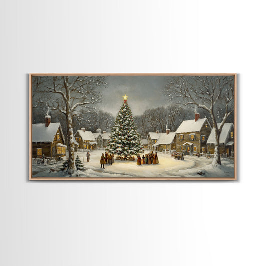 Large Christmas Tree In Snowy Village With Families, Winter Wonderland Holiday Wall Art, Framed Canvas Print, Rustic Christmas Decor