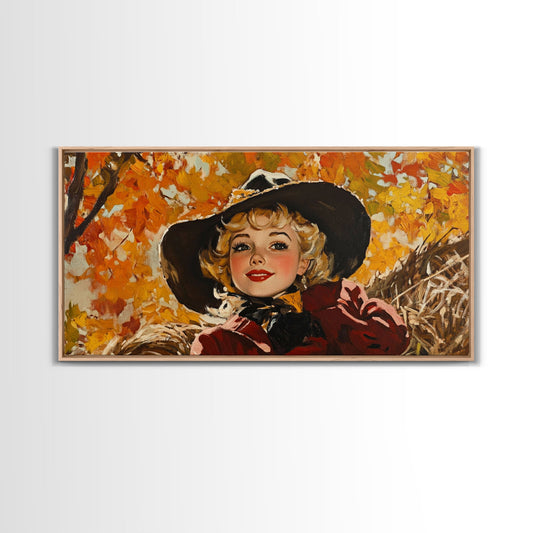 Cute Fall Cowgirl Amongst The Autumn Leaves, Gift or Autumn Decor, Perfect Addition to Home and Office Interiors