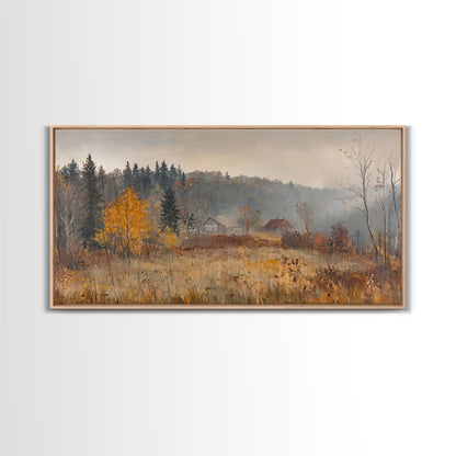 Early American Style Landscape Painting, Framed Canvas Print, Christmas Holiday Wall Art for Seasonal Winter Decor