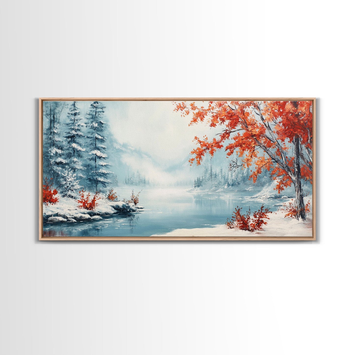 Painting Of A Forest In Winter, Framed Canvas Print with Wreaths, Perfect Christmas Holiday Decor, Ideal Winter Wall Art Gift