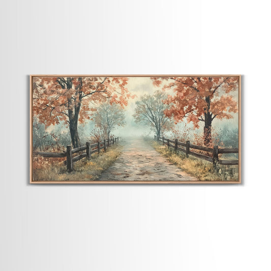 Autumn Path Framed Canvas Print, Rustic Fence and Trees Wall Art, Farmhouse Fall Home Decor, Vintage Style Wall Art, Seasonal Gift Idea