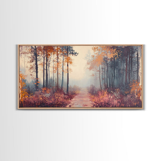 Misty Autumn Woods Framed Canvas Print, Moody Fall Pathway Art, Fall Home Decor, Modern Farmhouse Seasonal Wall Art, Holiday Gift Idea
