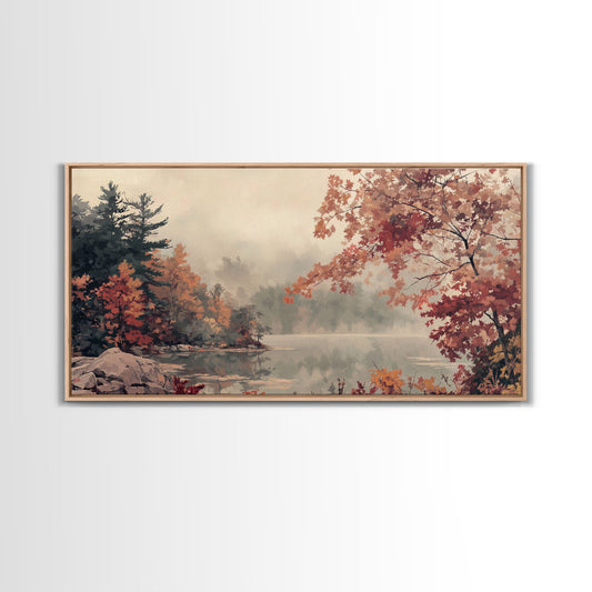 Misty Lake and Autumn Trees Framed Canvas Print, Tranquil Landscape Art, Fall Nature Scene Wall Art, Seasonal Fall Decor, Gallery Wall