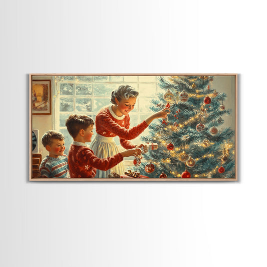 Family Decorating Tree Framed Canvas Print, Retro Christmas Scene, Vintage Holiday Decor, Christmas Tree Art, Christmas Wall Art Gift