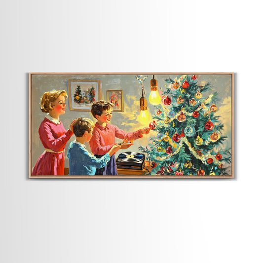 Family Christmas Decorating Framed Canvas Print, Retro Holiday Scene Art, Vintage Christmas Home Decor, Christmas Art Prints, Wall Art