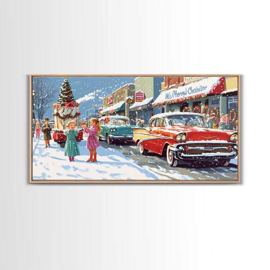 Christmas Parade Street Framed Canvas Print, Vintage Holiday Decor, Retro Christmas Scene Art, Best Gift Christmas Decor, Holiday Wall Art