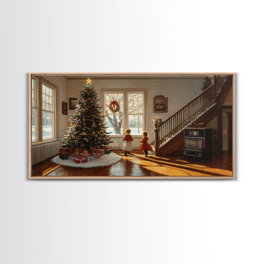 Vintage Christmas scene with children by tree, rustic Christmas home decor, framed canvas print, Christmas art prints, 2024 holiday wall art