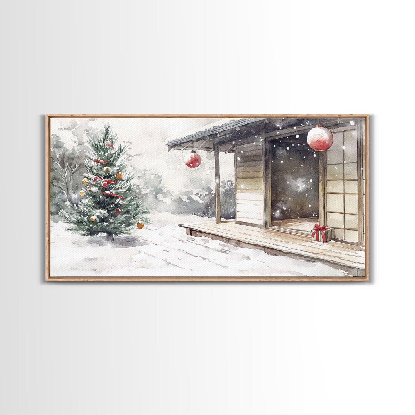 Minimalist Japanese Christmas Scene Framed Canvas Print, Snowy Holiday Decor with Simple Tree and Lantern Perfect Holiday Art