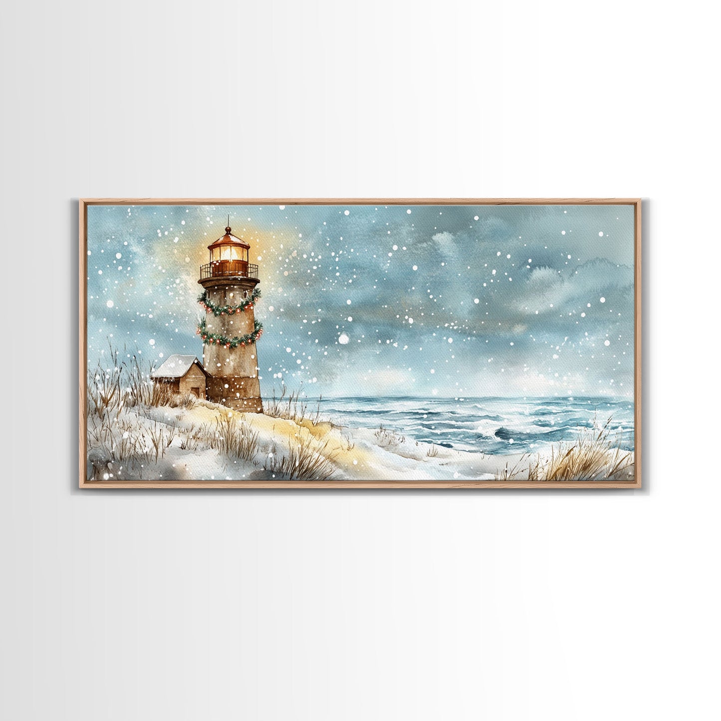 Coastal Christmas Lighthouse Decor Framed Canvas Print, Snowy Beach Scene with Holiday Wreath and Lighthouse Winter Wall Art