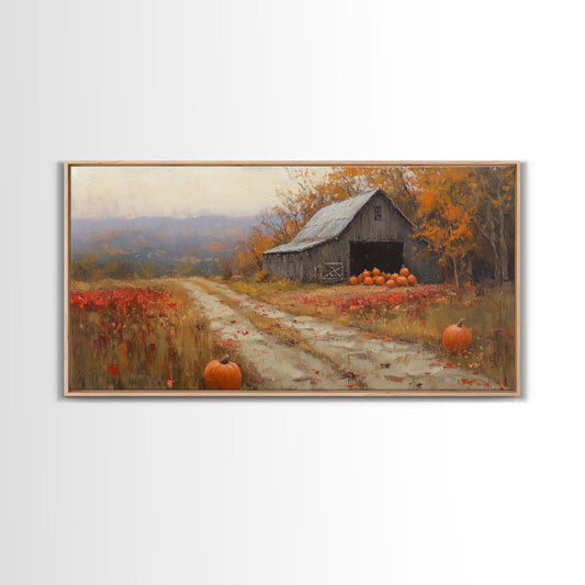 Scenic Country Farmhouse Autumn Harvest Framed Canvas Print with Pumpkins, Rustic Farmhouse Fall Art, Wall Decor, Seasonal Wall Art Gift