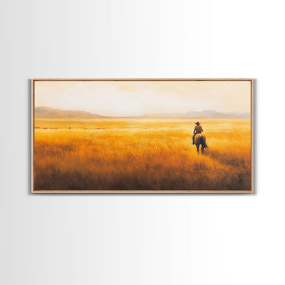 Herding Cattle Across Plains Framed Canvas Print Tall Art Rustic Autumn Landscape Western Country Decor Fall Home Wall Art Farmhouse Gift