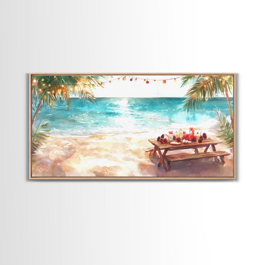 Beach Christmas decor picnic setup with palm trees and lights, framed canvas print showcasing tropical coastal holiday art decor