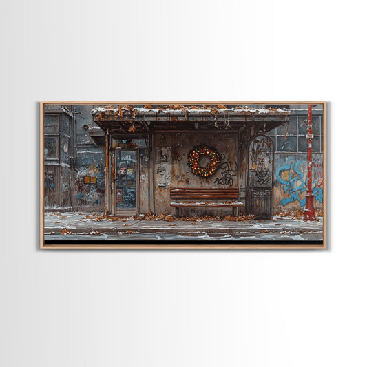 Urban Christmas street scene with wreath on a graffiti wall, framed canvas print perfect moody holiday decor winter wall art