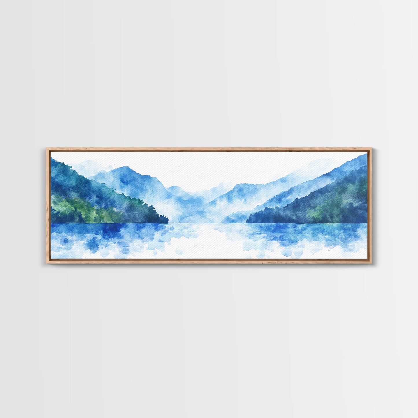 Reflections - Foggy Mountain Morning - Watercolor Painting Print - Wood Framed Wall Art - Panoramic Painting