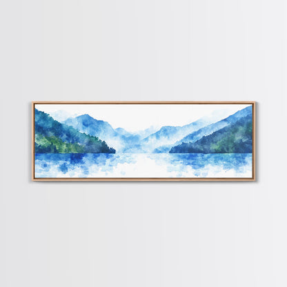 Reflections - Foggy Mountain Morning - Watercolor Painting Print - Wood Framed Wall Art - Panoramic Painting