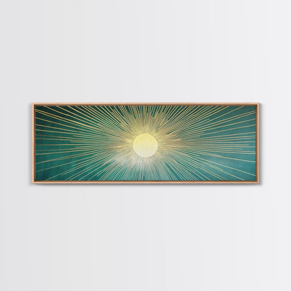 Eclectic Art Deco Sunburst Framed Canvas Print, Boho Style Wall Art, Emerald Green and Gold Extra Wide Art