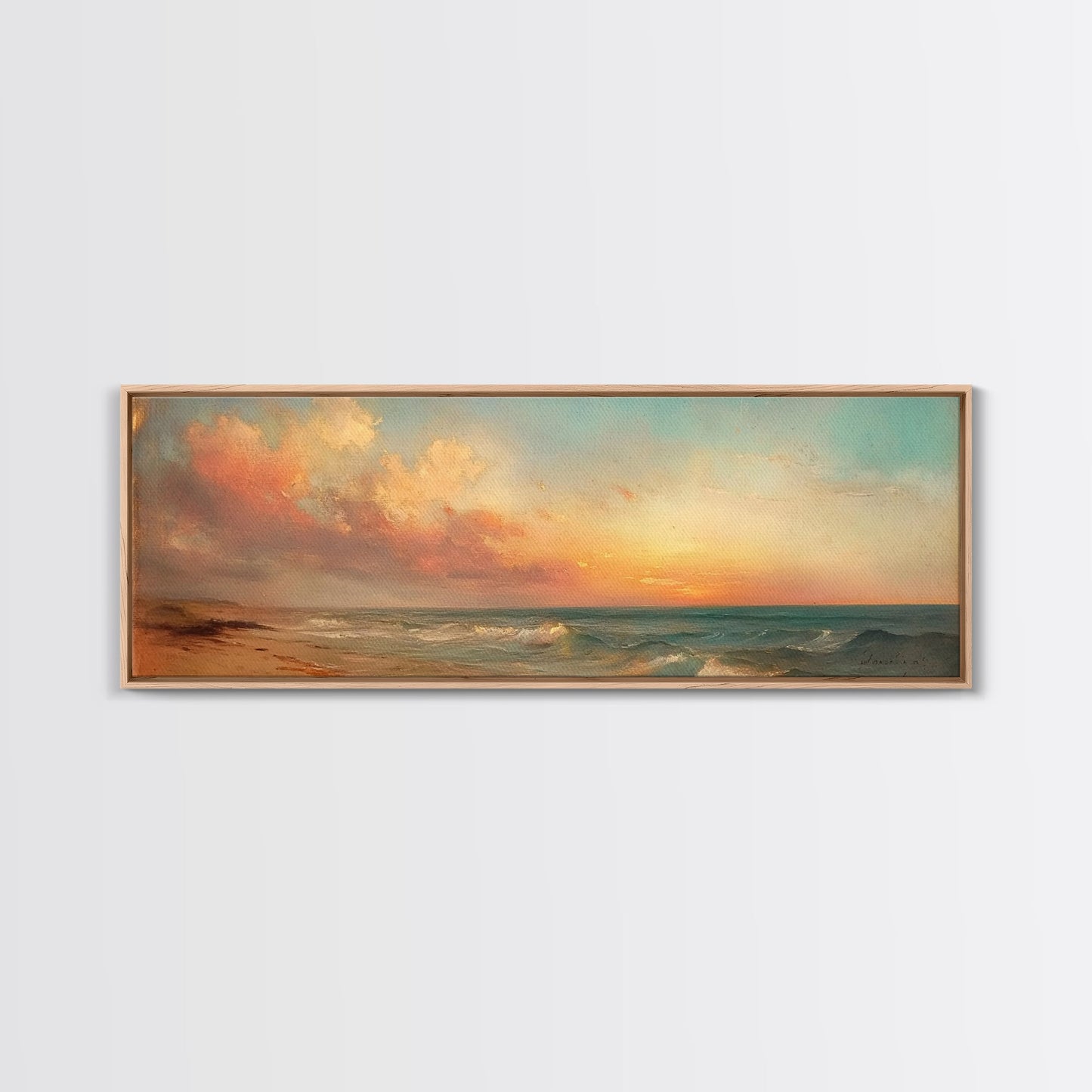 Moody Beach Seascape Painting Print, Wood Framed Wall Art, Canvas Art, Beach Painting, Beach at Sunset, Above Sofa Boho Wall Decor