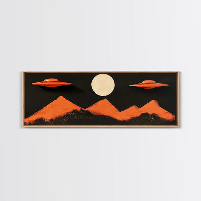 Orange Flying Saucers - UFO Art - Panoramic Print - Cute Alien Art - Nursery Decor