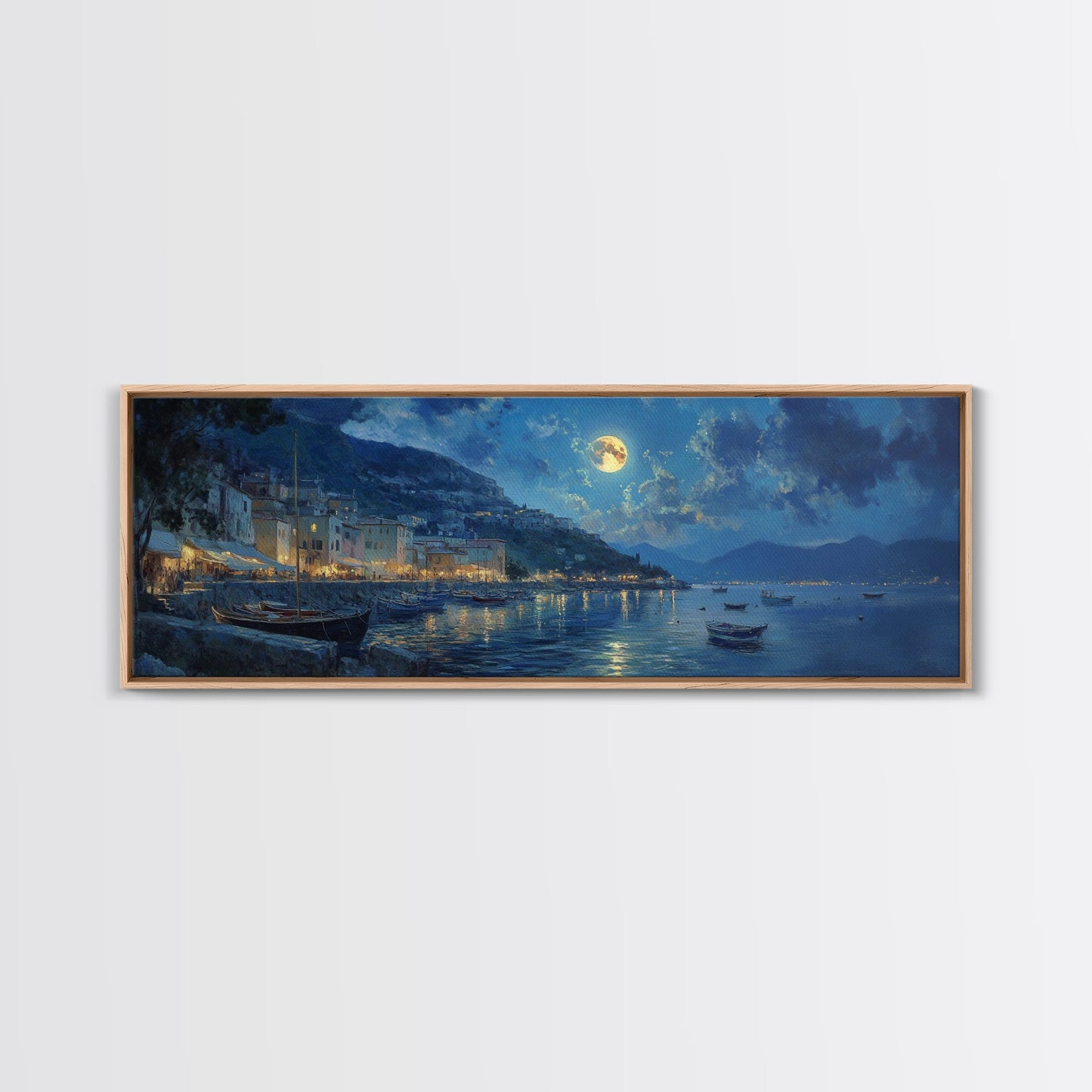 Horizontal Oil Painting Print - Italy At Night - Portofino Wall Art - Horizontal Panoramic Print - Full Moon Painting