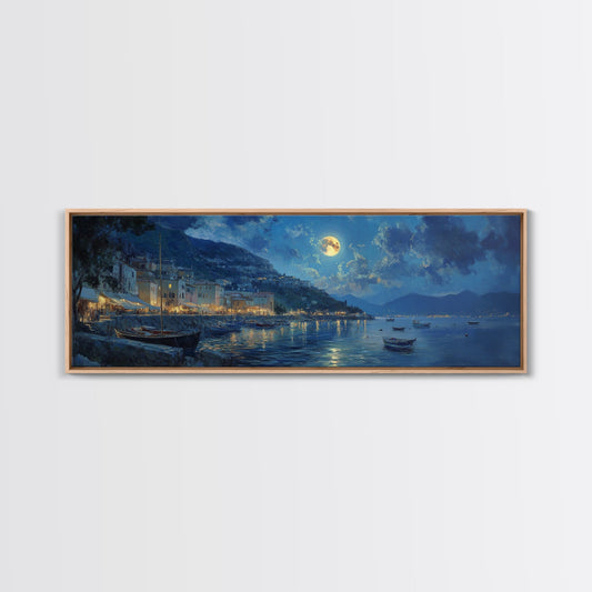 Horizontal Oil Painting Print - Italy At Night - Portofino Wall Art - Horizontal Panoramic Print - Full Moon Painting