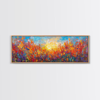 Original Wildflower Painting Print, Panoramic Extra Wide Wall Art, Floral Landscape Custom Rustic Home Decor, Sunset Through The Flowers