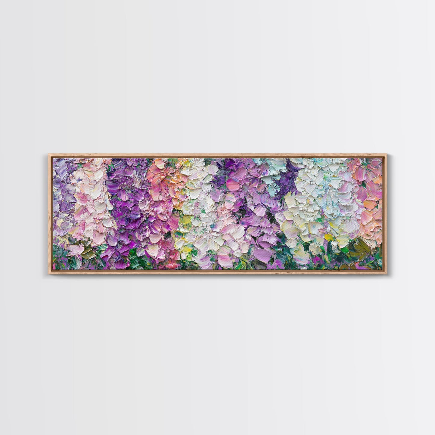 White, Pink and Purple Wild Flowers, Framed Canvas Print, Floral Oil Painting, Abstract Flower Painting, Panoramic Oversized Wall Art