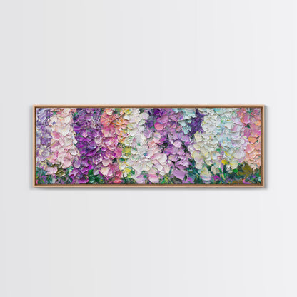 White, Pink and Purple Wild Flowers, Framed Canvas Print, Floral Oil Painting, Abstract Flower Painting, Panoramic Oversized Wall Art