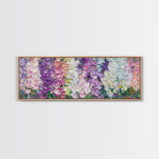 White, Pink and Purple Wild Flowers, Framed Canvas Print, Floral Oil Painting, Abstract Flower Painting, Panoramic Oversized Wall Art