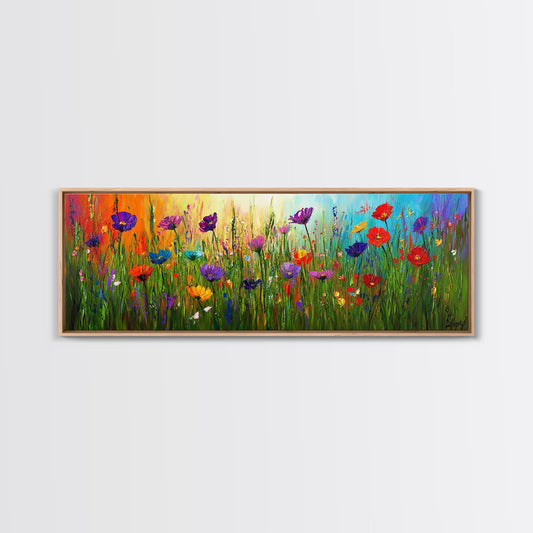 Purple Flowers, Panoramic Floral Print, Framed Canvas Art, Wildflowers Painting Spring Flower Watercolor Art Print, Field of Wildflowers