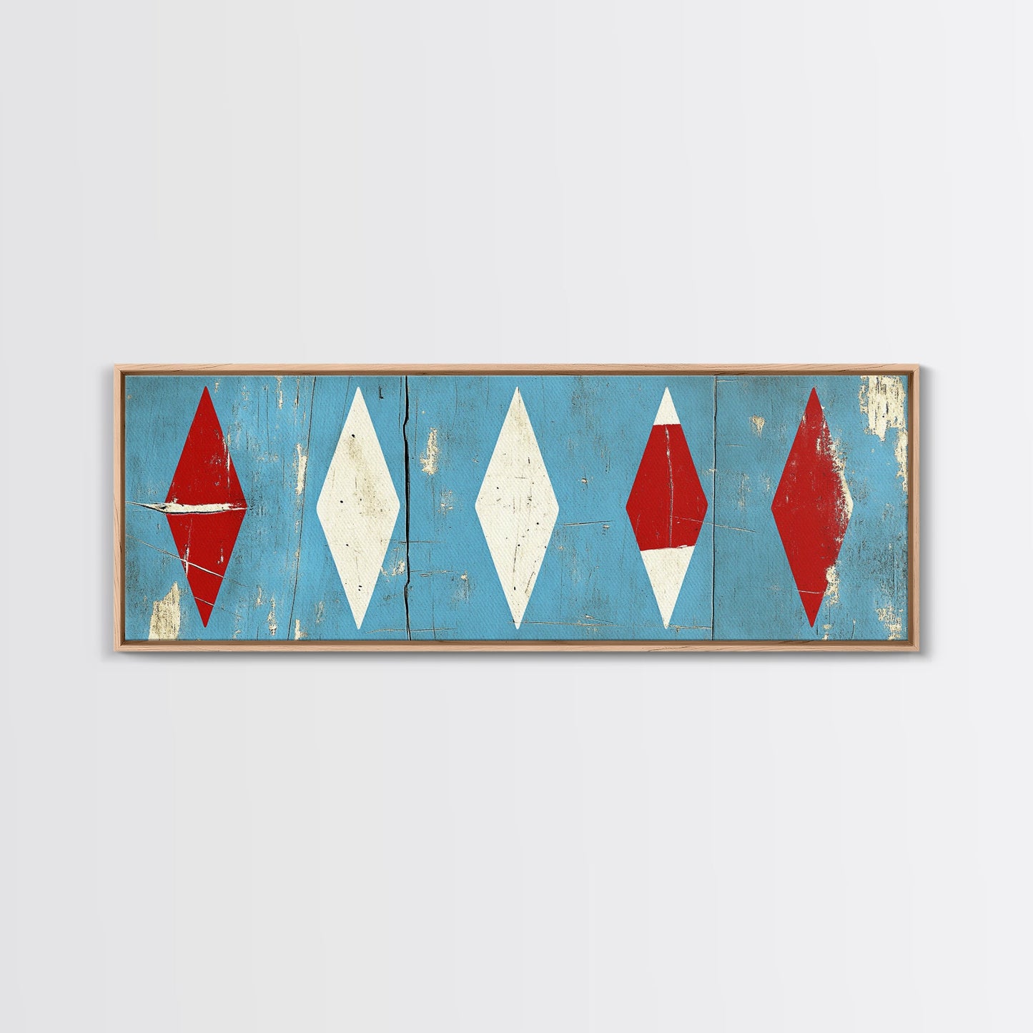 Red & White Diamonds - Framed Canvas Print - Rustic / Distressed MCM Mashup Home Decor - Turquoise Background
