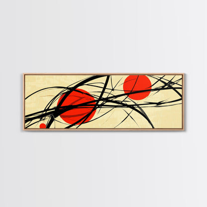 Sun Streaks - 3 Red Suns with Black Streams, Framed Canvas Print, MCM Style Geometric Abstract Wall Art