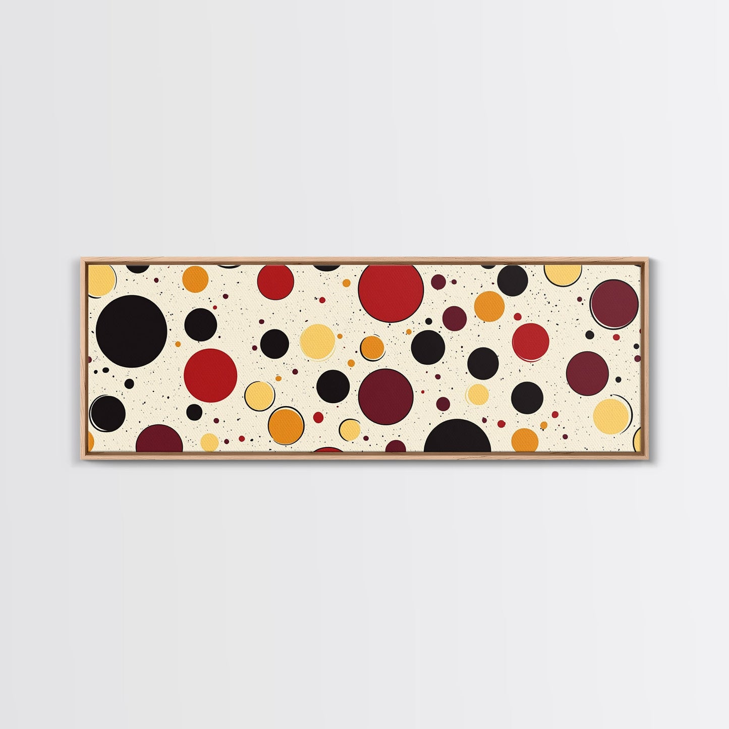 Polka Dots - Framed Canvas Print - MCM Inspired Midcentury-Modern Wall Art - Red, Yellow and Black Dots on a White Background