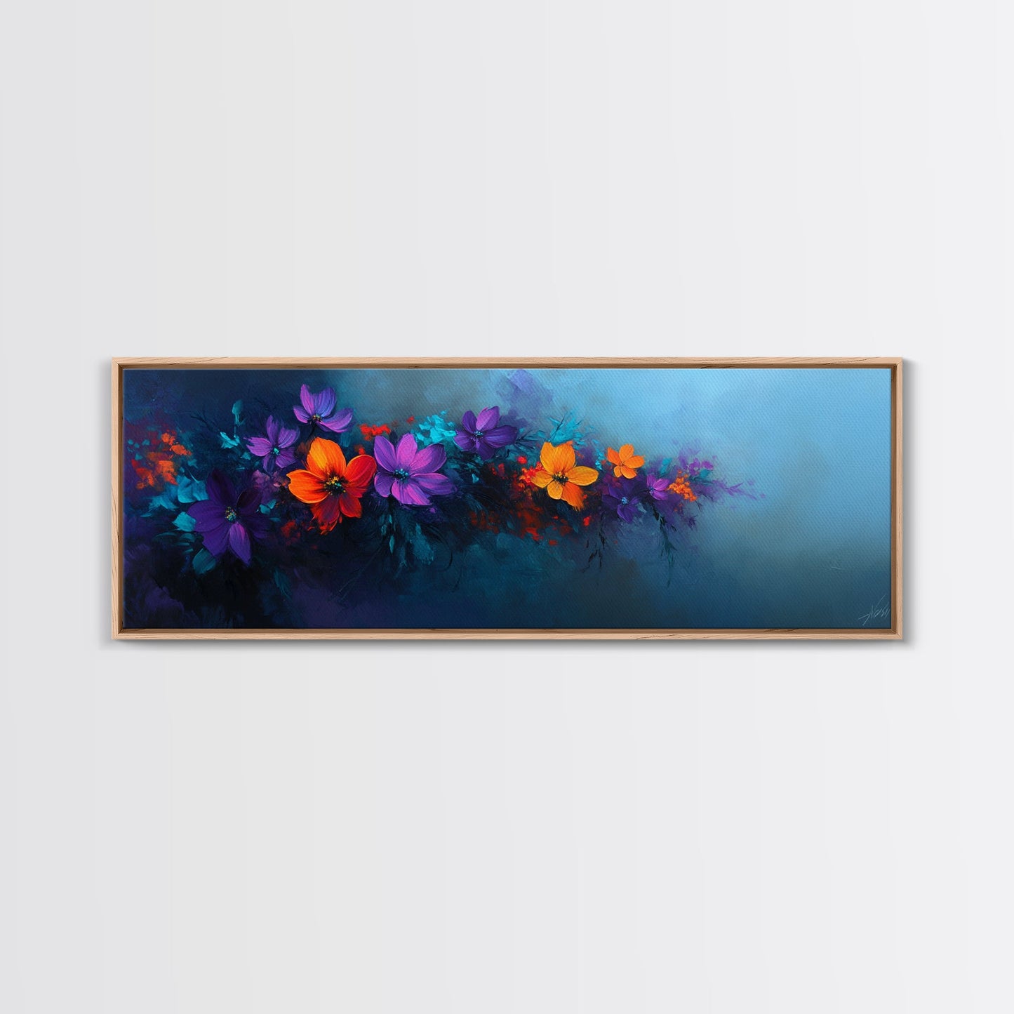 Purple and Orange Flowers on Navy Blue Background, Panoramic Framed Canvas Art, Oil Painting Print, Boho Style Wall Art, Dark Home Decor, Moody Art