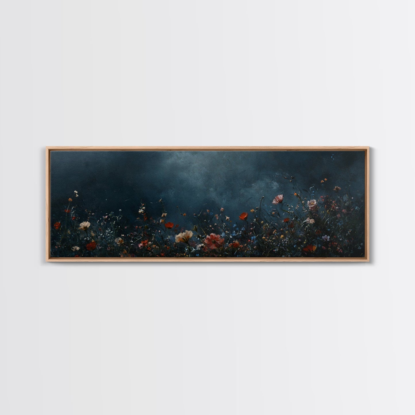 Dark & Moody Wild Flowers At Night, Framed Canvas Print, Panoramic Thought Provoking Wall Art, Above Bed Art, Dark Floral Painting