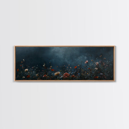Dark & Moody Wild Flowers At Night, Framed Canvas Print, Panoramic Thought Provoking Wall Art, Above Bed Art, Dark Floral Painting